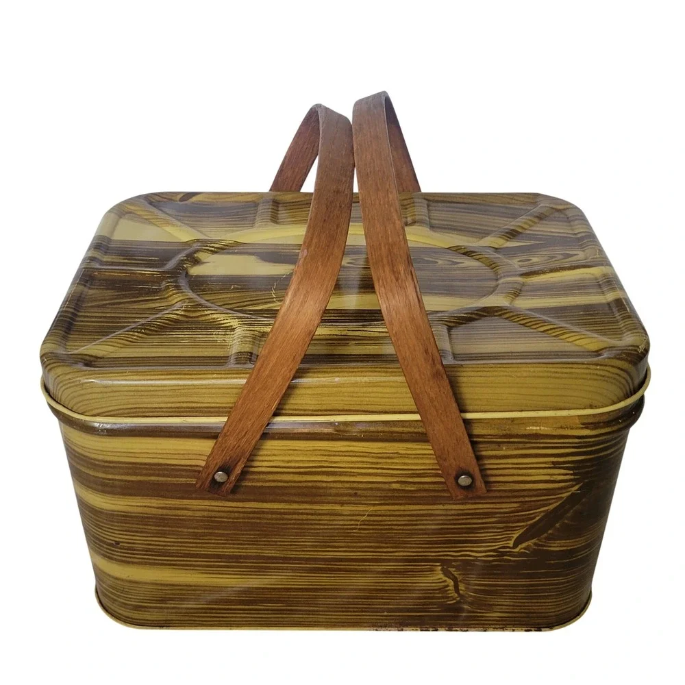 Vintage 50s Metal Picnic Basket Faux Wood Grain Tin Litho Wood Handles Yellow